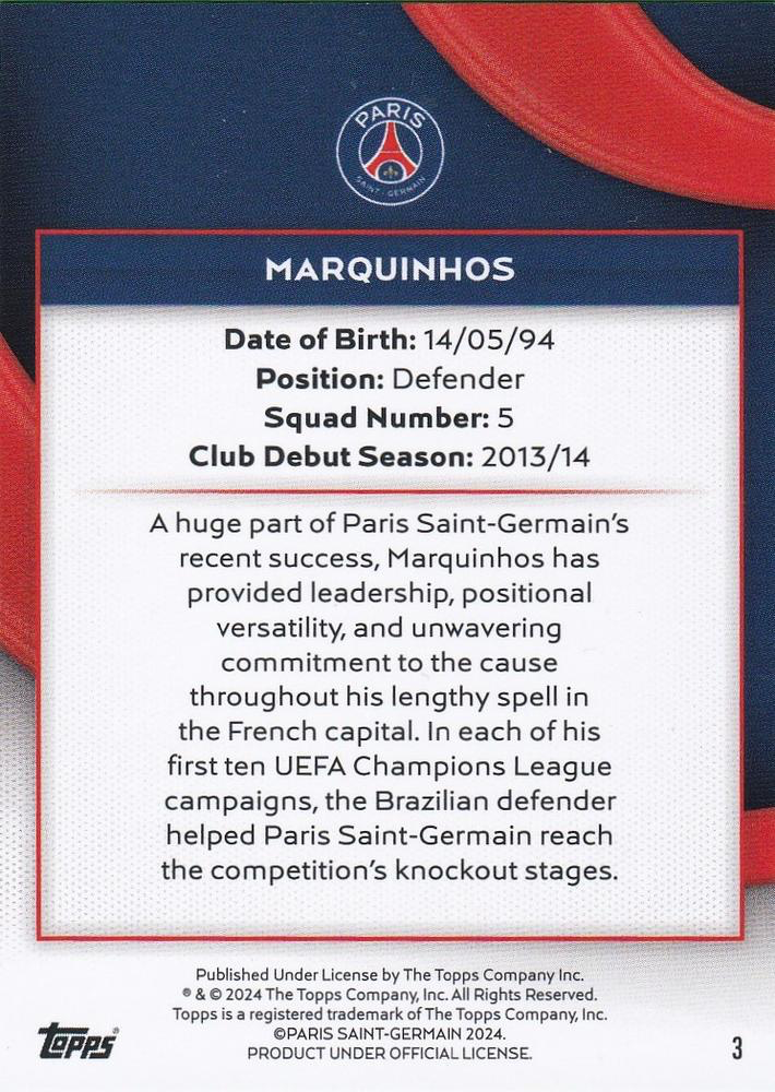 2023 Topps PSG Team Set Marquinhos #3 Paris Saint-Germain