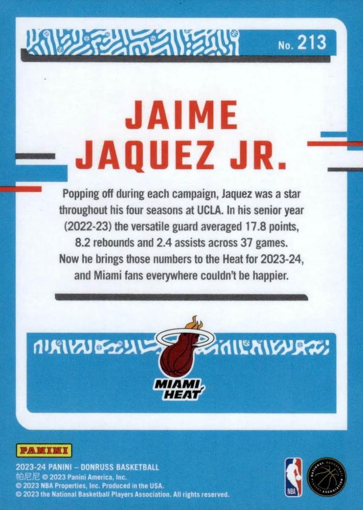 2023 Panini Donruss Jaime Jaquez Jr. Rated Rookie #213 Miami Heat
