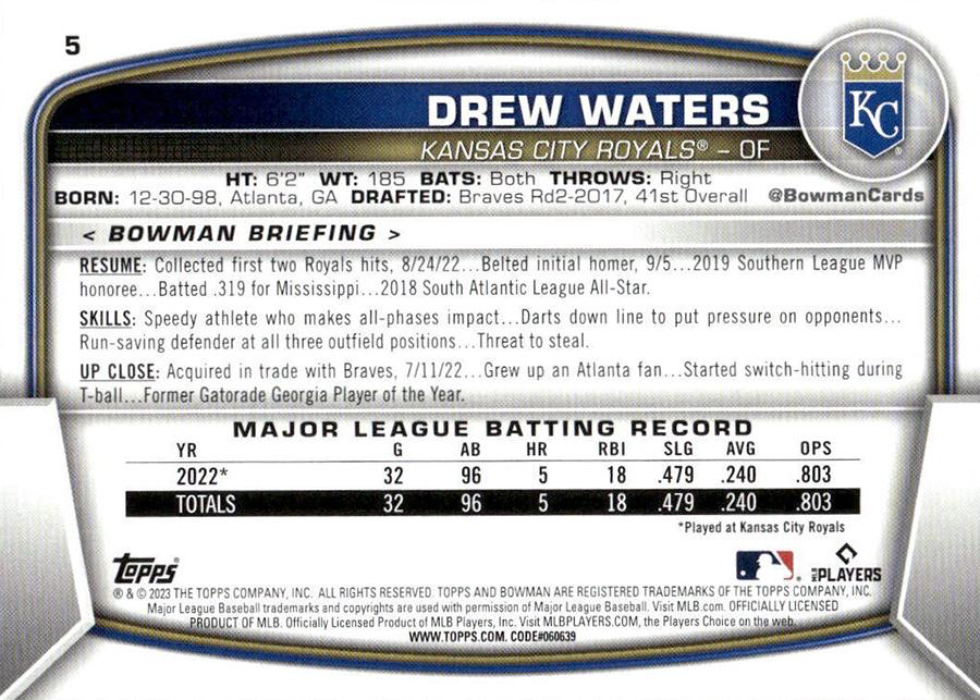 2023 Topps Bowman Drew Waters RC Kansas City Royals #5
