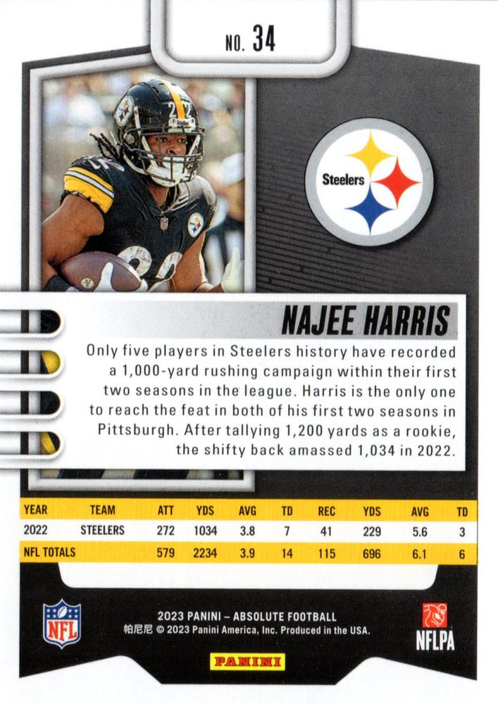 2023 Panini Absolute Najee Harris #34 Pittsburgh Steelers