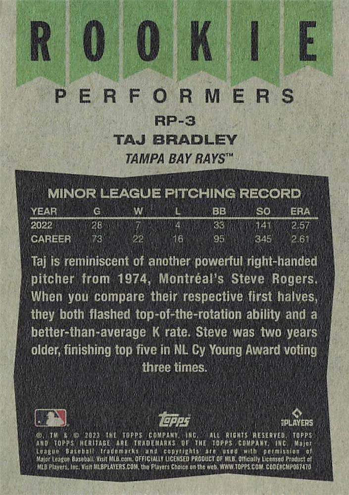 2023 Topps Heritage Rookie Performers Taj Bradley Tampa Bay Rays #RP-3