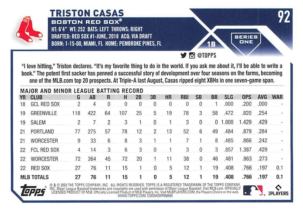 2023 Topps Series 1 Triston Casas RC Boston Red Sox #92