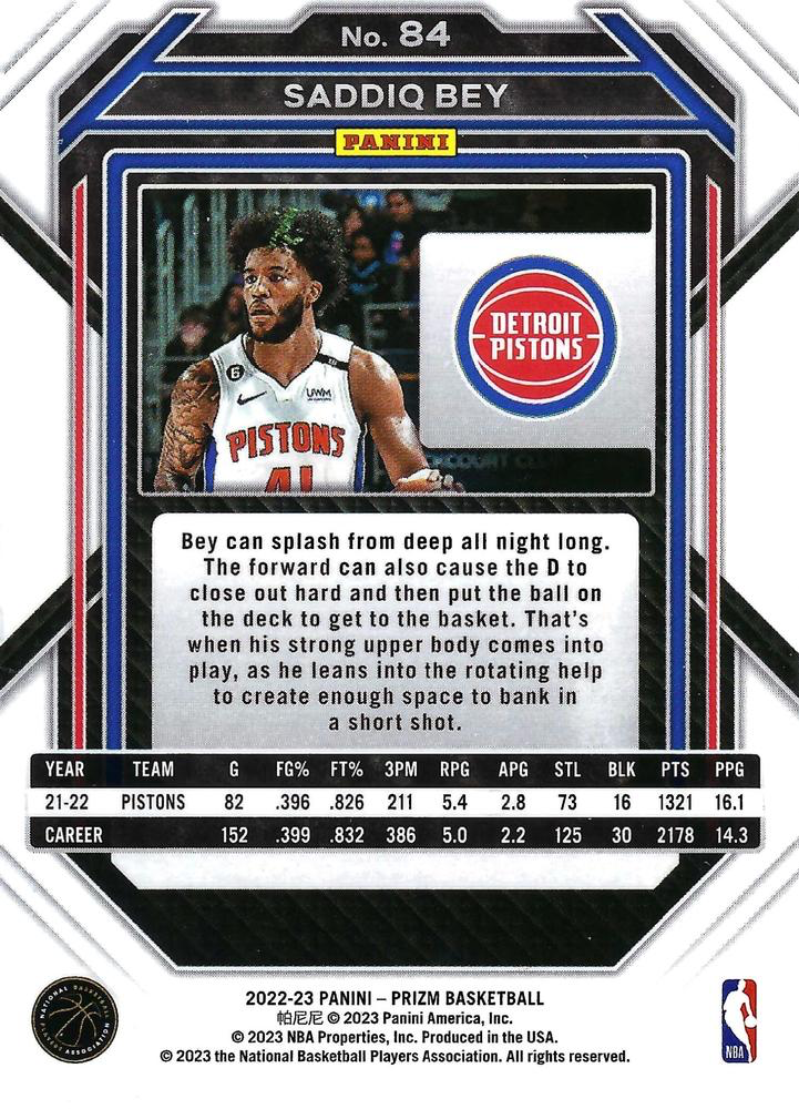 2022 Panini Prizm Saddiq Bey #84 Detroit Pistons