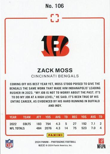 2024 Panini Photogenic Zack Moss #106 Cincinnati Bengals