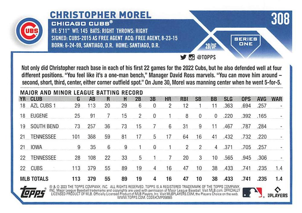 2023 Topps Series 1 Christopher Morel RC Chicago Cubs #308