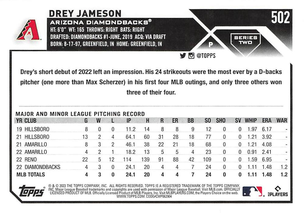 2023 Topps Series 2 Drey Jameson RC Arizona Diamondbacks #502