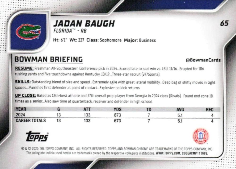 2025 Topps Bowman U Chrome Jadan Baugh 1st #65 Florida Gators