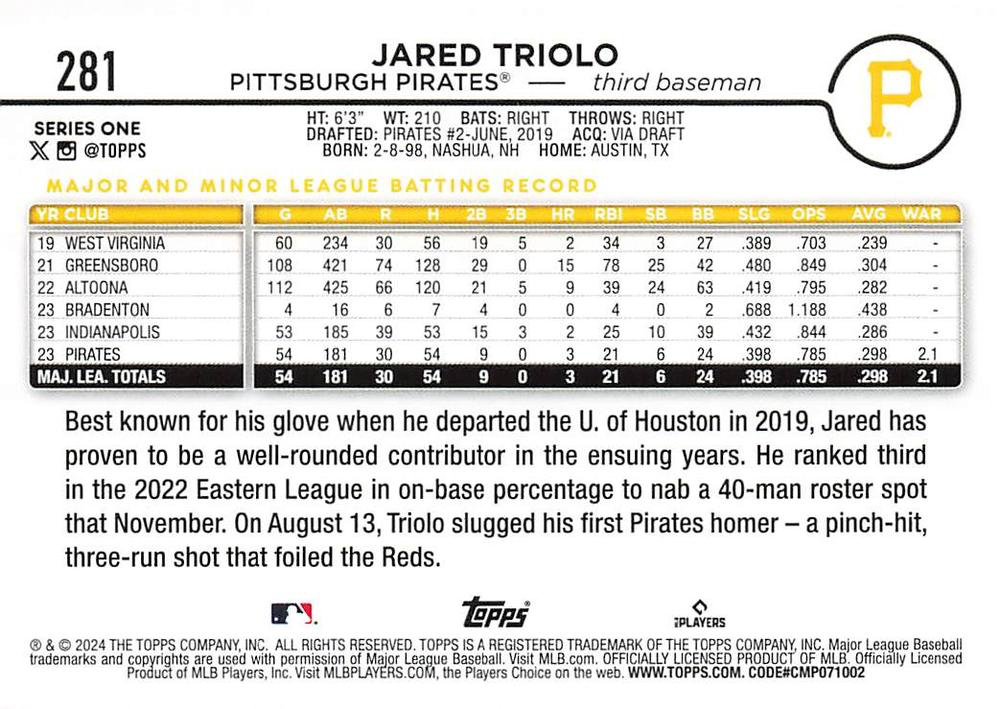 2024 Topps Series 1 Jared Triolo RC Pittsburgh Pirates #281