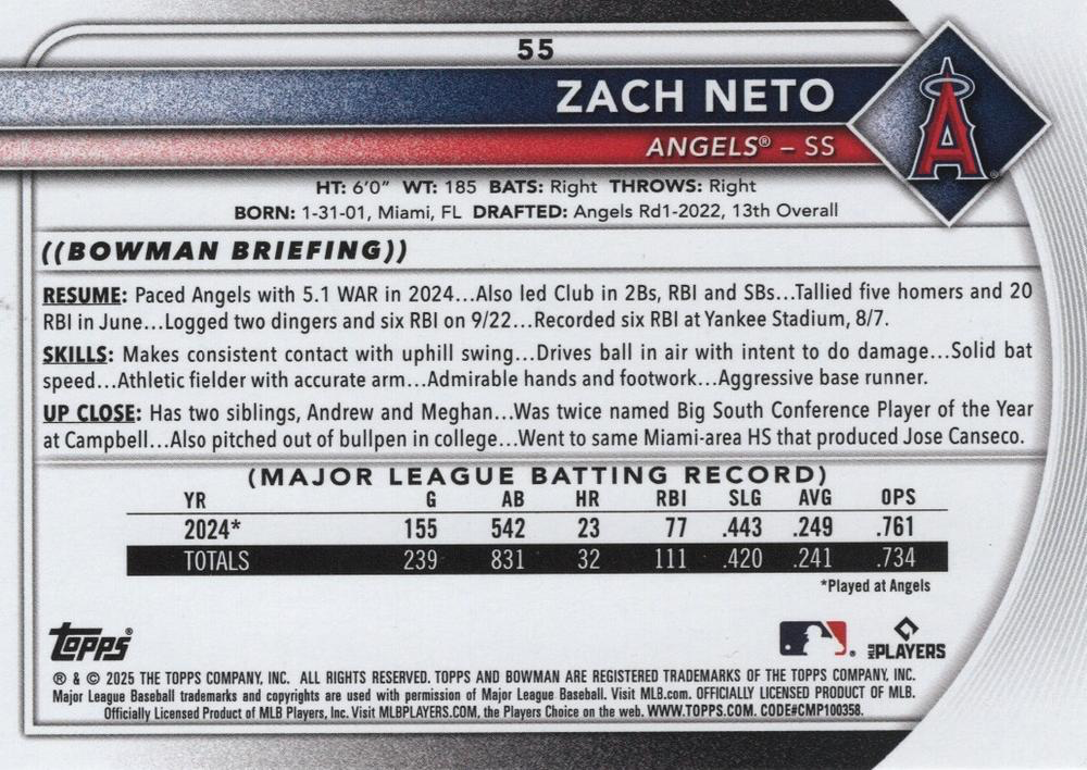 2025 Topps Bowman Zach Neto Los Angeles Angels #55