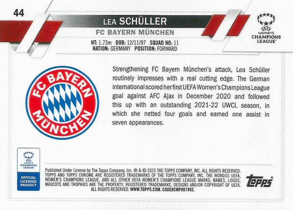 2022 Topps Chrome UCC Women's Lea Schuller #44 FC Bayern Munchen