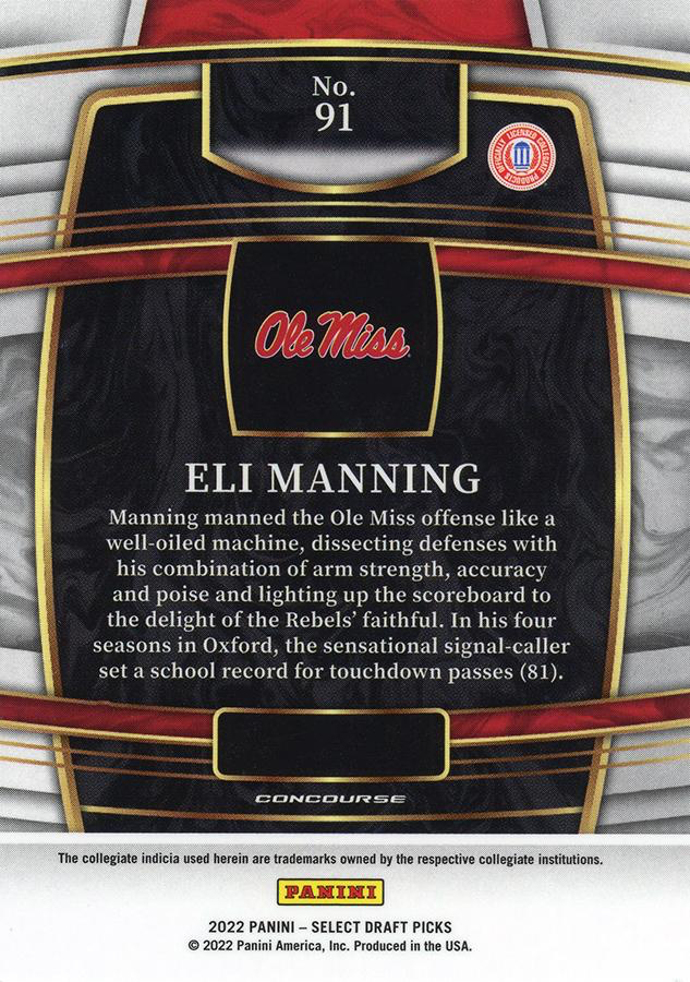 2022 Panini Select Draft Picks Blue Eli Manning #91 Ole Miss Rebels