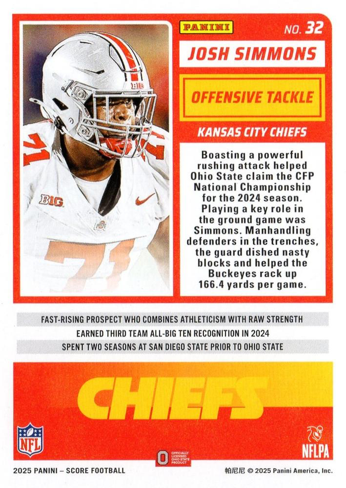 2025 Panini Score Josh Simmons RC #32 Kansas City Chiefs