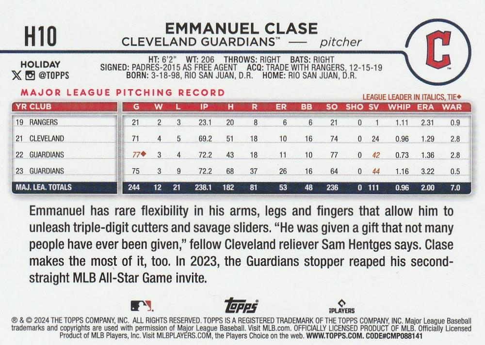 2024 Topps Holiday Emmanuel Clase Cleveland Guardians #H10