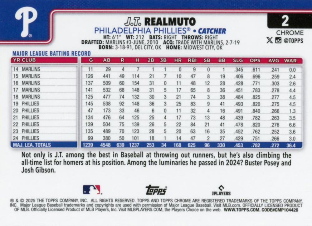 2025 Topps Chrome MLB J.T. Realmuto #2 Philadelphia Phillies
