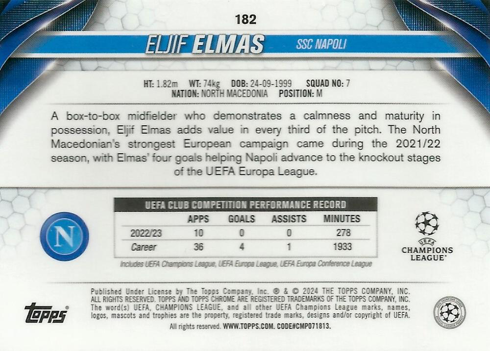 2023 Topps Chrome UEFA Club Competitions Eljif Elmas #182 Napoli