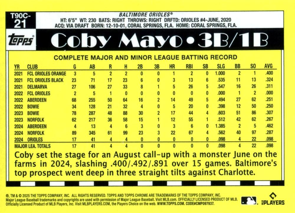 2025 Topps Series 1 Mojo 1990 Topps Baseball 35th Anniversary Chrome Coby Mayo Baltimore Orioles #T90C-21