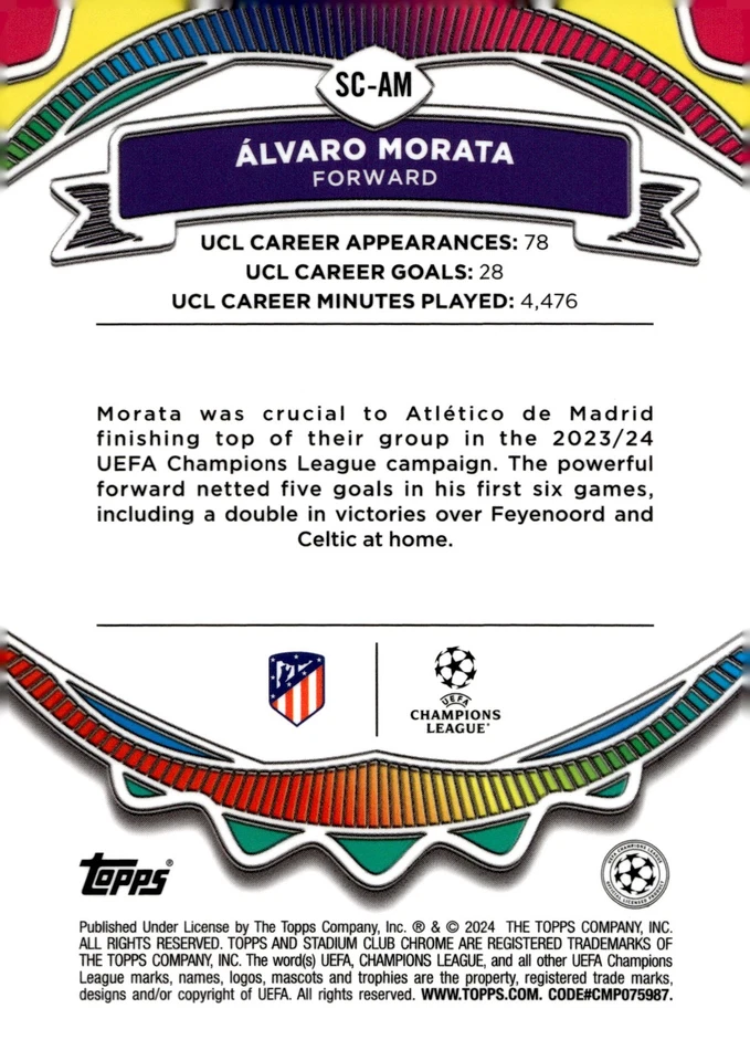 2023 Topps Stadium Club Chrome UCC Say Cheese Álvaro Morata SC-AM Atletico Madrid