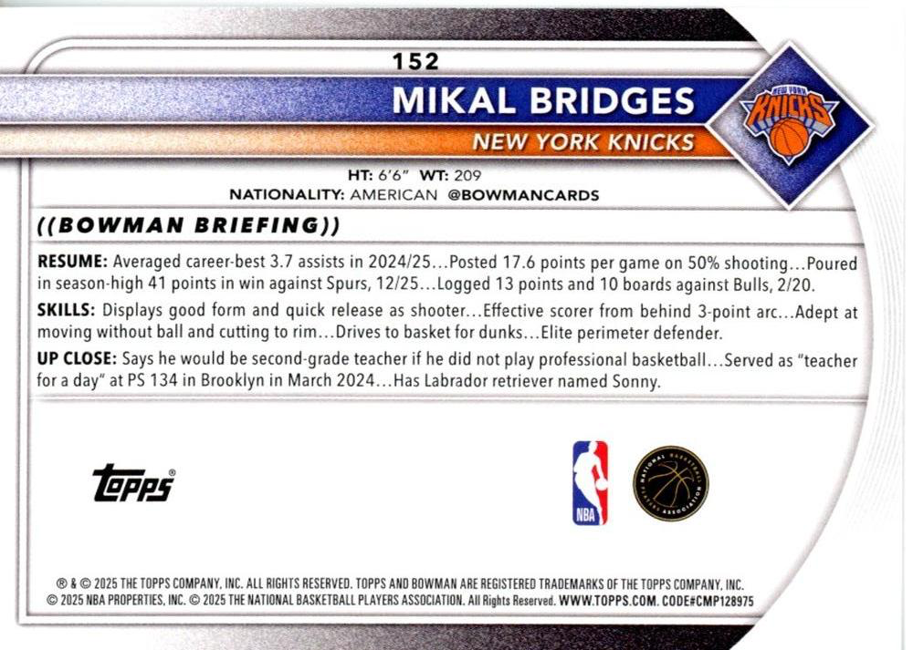 2025 Topps Bowman Mikal Bridges #152 New York Knicks
