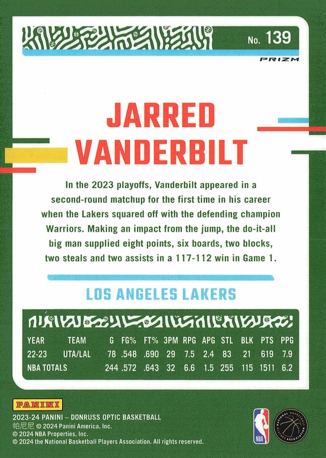 2023 Panini Donruss Optic Pink Jarred Vanderbilt #139 Los Angeles Lakers