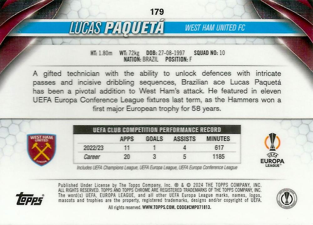 2023 Topps Chrome UEFA Club Competitions Lucas Paquetá #179 West Ham United