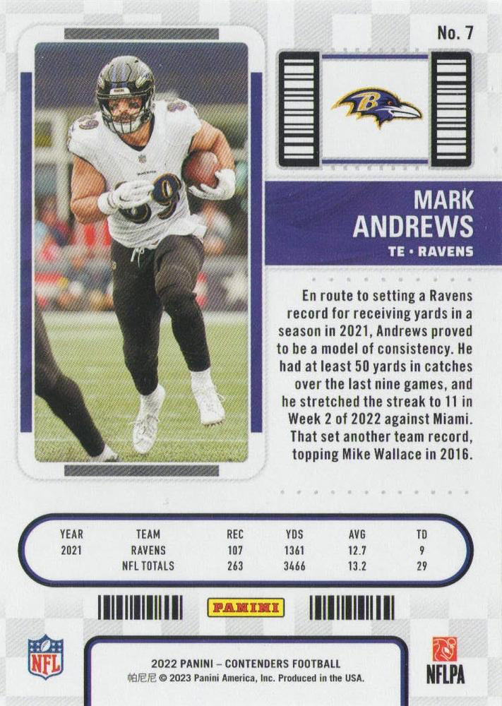 2022 Panini Contenders Mark Andrews #7 Baltimore Ravens
