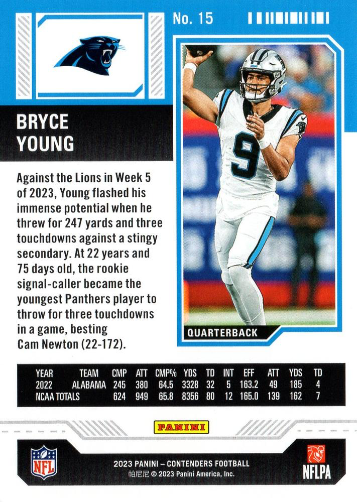 2023 Panini Contenders Bryce Young RC #15 Carolina Panthers