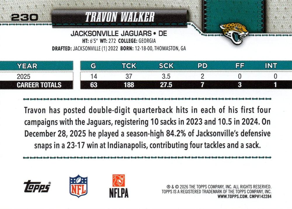 2026 Topps Flagship Travon Walker #230 Jacksonville Jaguars