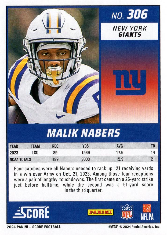 2024 Panini Score Football Malik Nabers New York Giants #306 RC