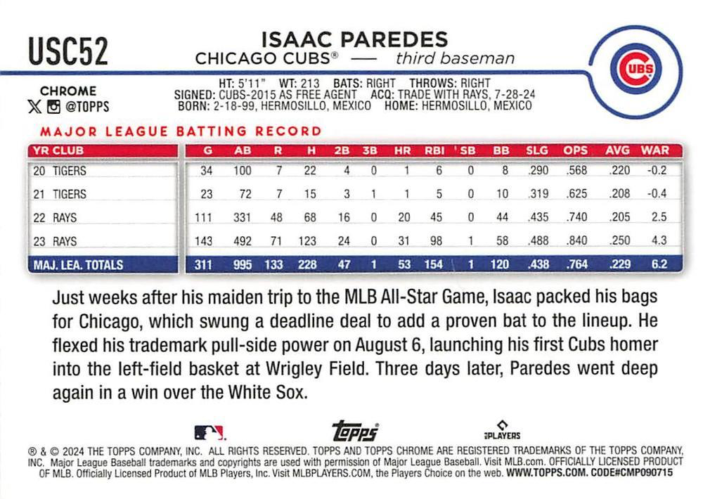 2024 Topps Chrome Update RayWave Refractor Parallel Isaac Paredes Chicago Cubs #USC52
