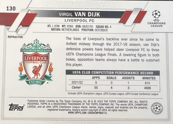 2022 Topps Chrome UCC Virgil van Dijk Refractor #130 Liverpool