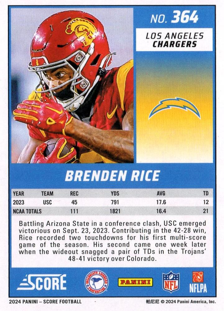 2024 Panini Score Football Brenden Rice Los Angeles Chargers #364 RC
