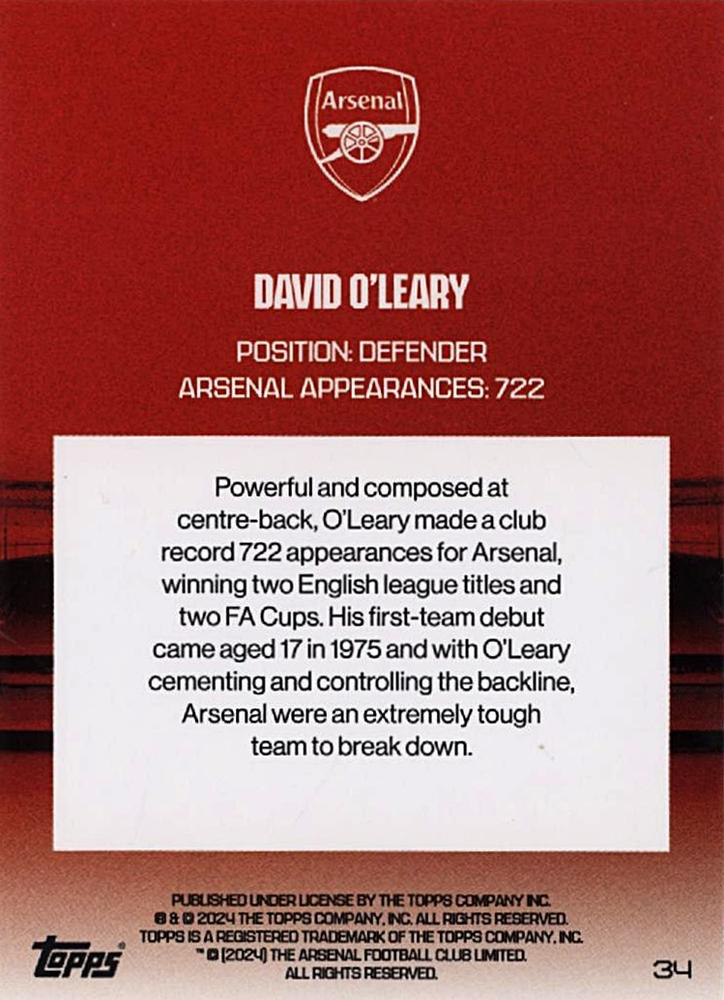 2023 Topps Arsenal Team Set David O'Leary North London Forever #34 Arsenal FC