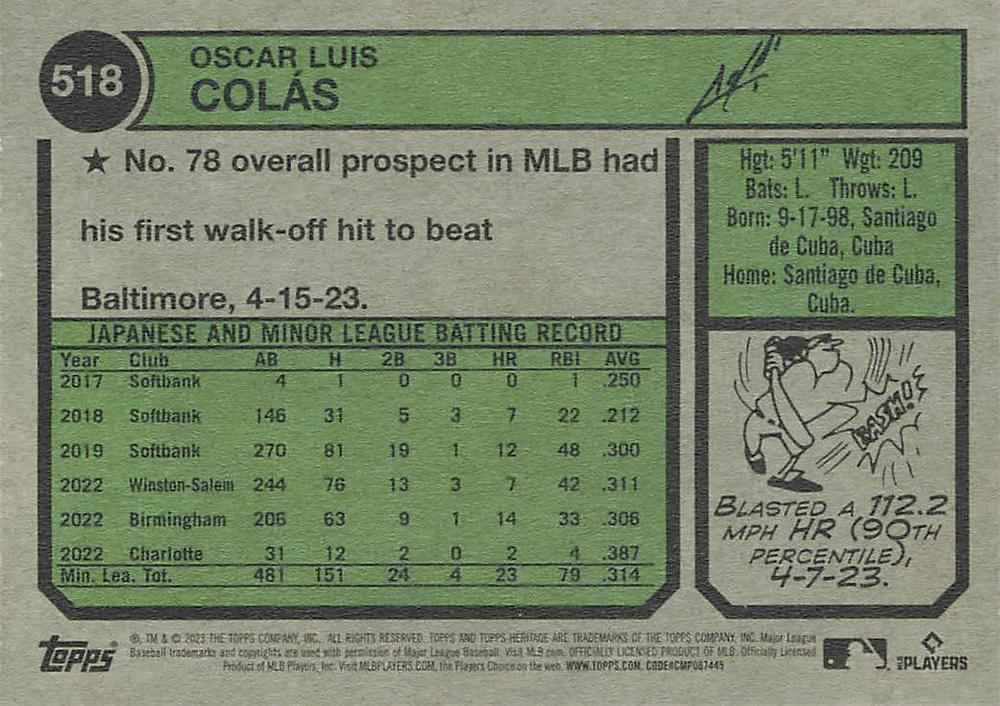 2023 Topps Heritage Oscar Colás RC Chicago White Sox #518