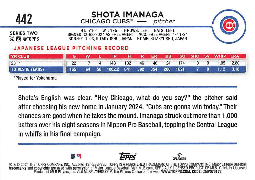 2024 Topps Series 2 Shota Imanaga RC Chicago Cubs #442
