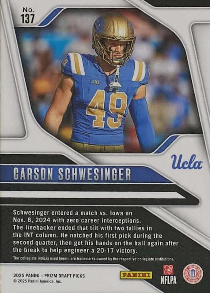 2025 Panini Prizm Draft Picks Carson Schwesinger #137 UCLA Bruins