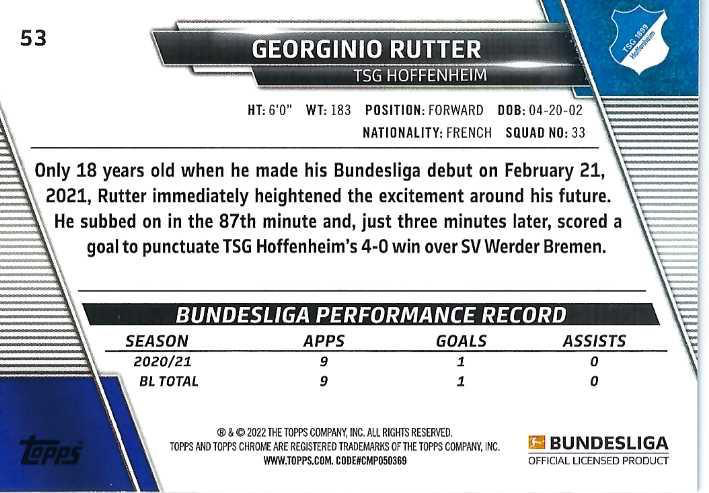 2021 Topps Chrome Bundesliga Georginio Rutter RC #53 TSG 1899 Hoffenheim