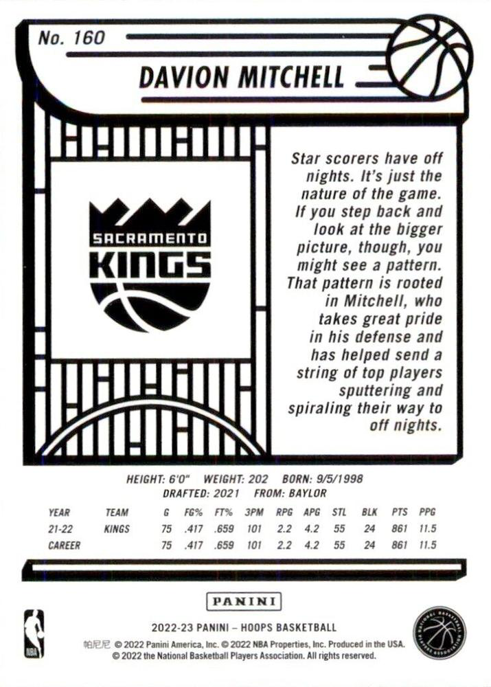 2022 Panini Hoops Davion Mitchell #160 Sacramento Kings