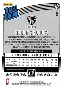 2018 Panini Donruss Rated Rookie Rodions Kurucs #155 Brooklyn Nets
