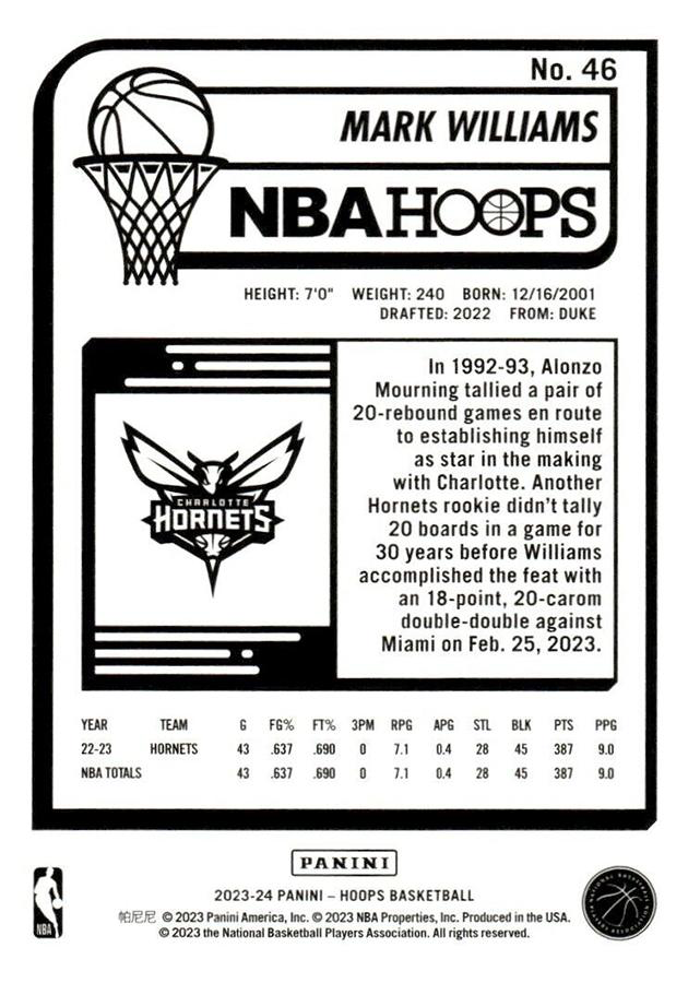 2023 Panini Hoops Mark Williams #46 Charlotte Hornets