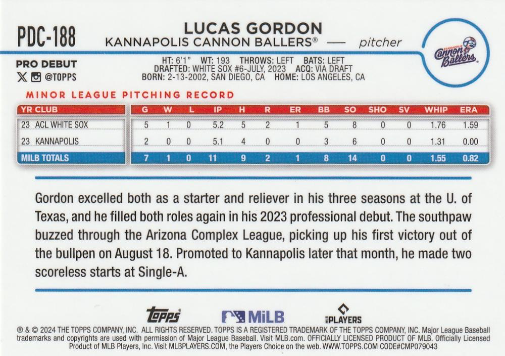 2024 Topps Pro Debut Chrome Refractor Lucas Gordon #PDC-188 Kannapolis Cannon Ballers