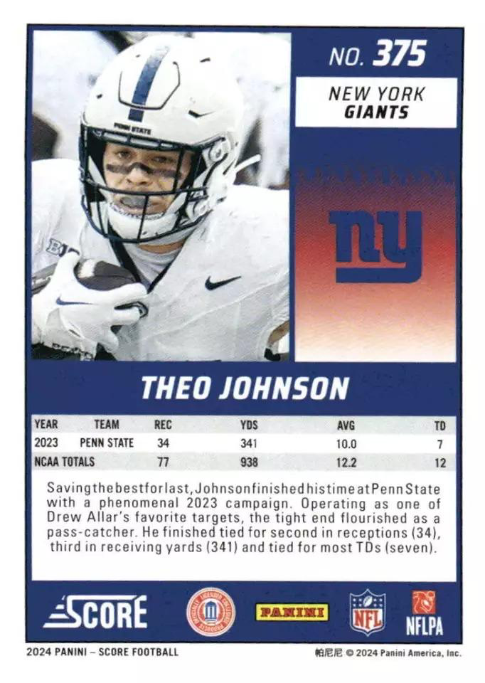 2024 Panini Score Football Theo Johnson New York Giants #375 RC