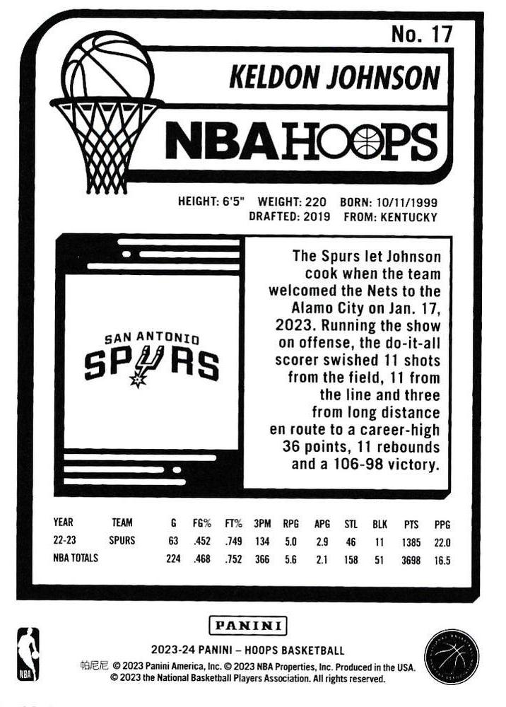 2023 Panini Hoops Keldon Johnson #17 San Antonio Spurs