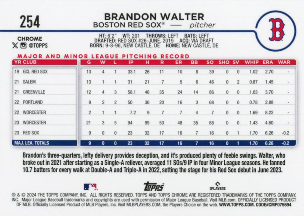 2024 Topps Chrome Brandon Walter RC Boston Red Sox #254
