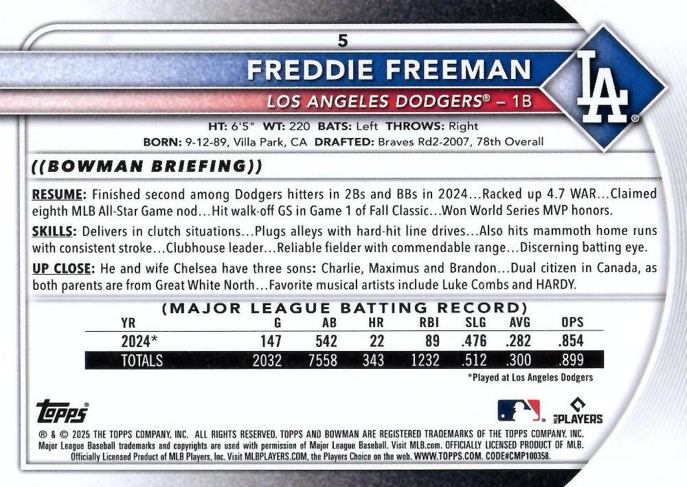 2025 Topps Bowman Freddie Freeman Los Angeles Dodgers #5