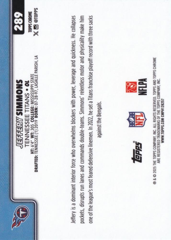 2025 Topps Chrome NFL Jeffery Simmons #289 Tennessee Titans