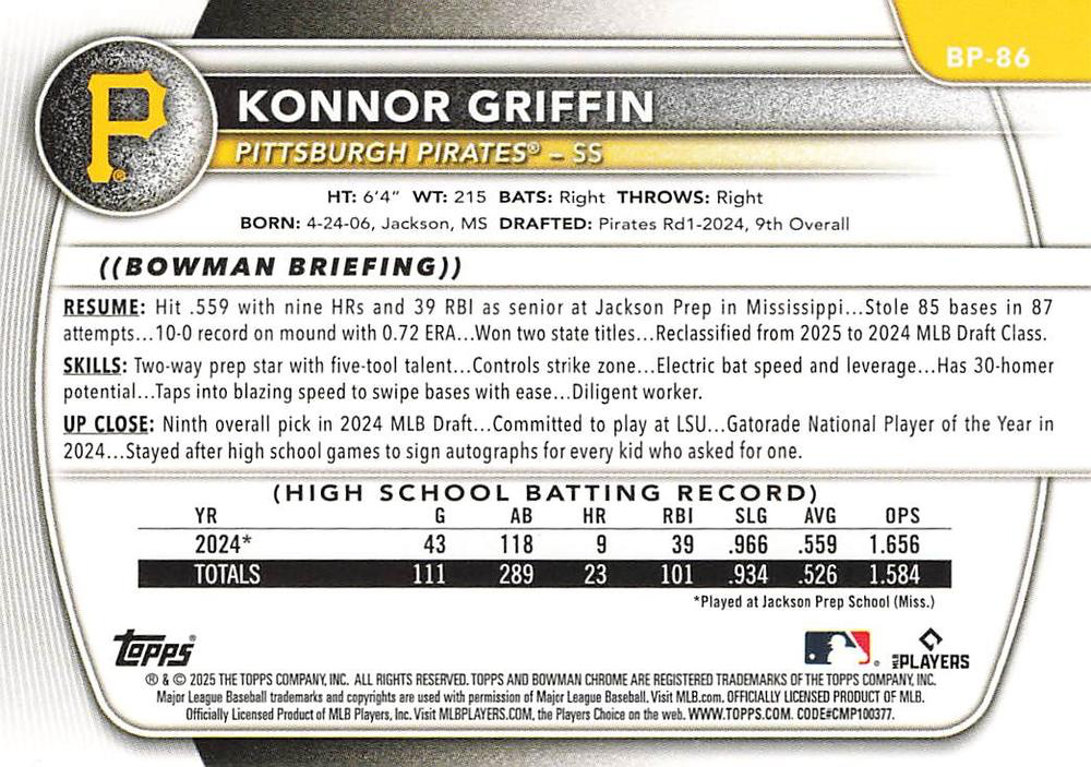 2025 Topps Bowman Prospects Konnor Griffin Pittsburgh Pirates #BP-86