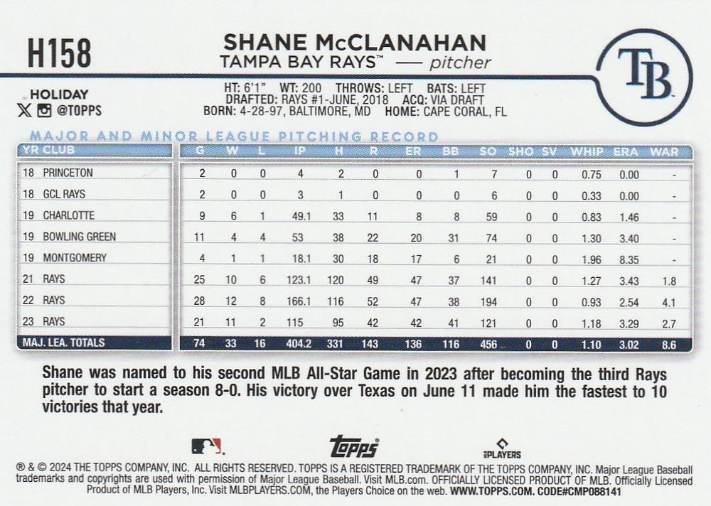 2024 Topps Holiday Shane McClanahan Tampa Bay Rays #H158