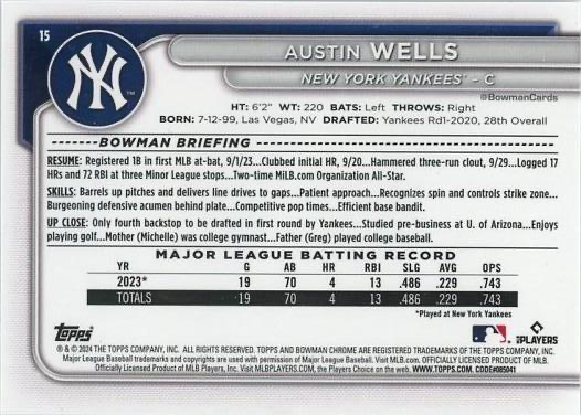 2024 Topps Bowman Chrome Austin Wells RC New York Yankees #15