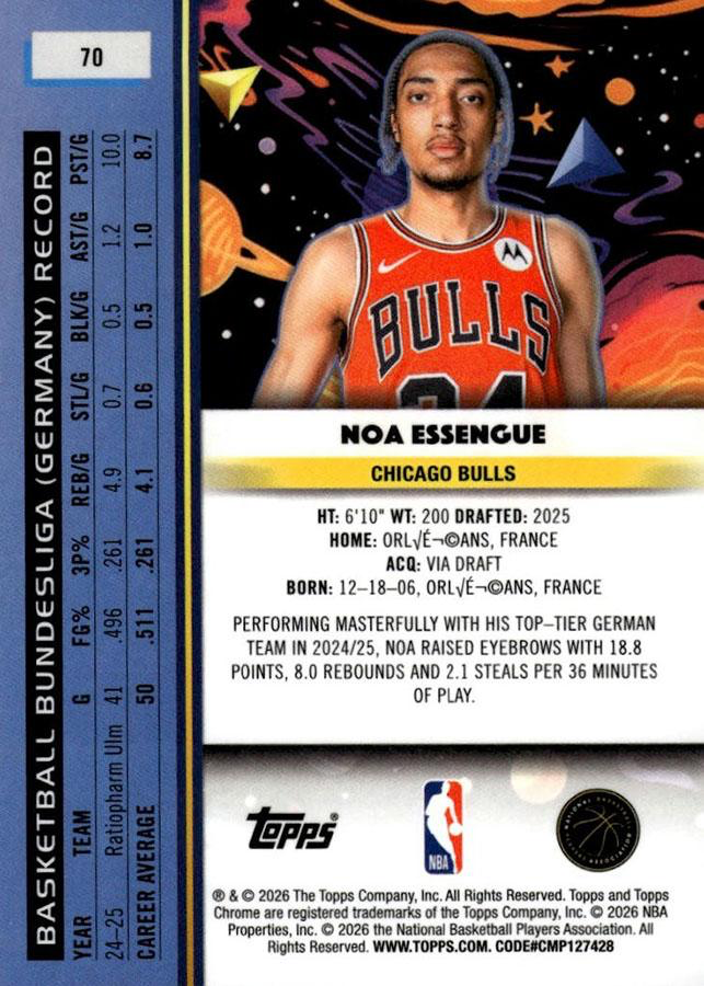 2025 Topps Chrome Cosmic Noa Essengue RC #70 Chicago Bulls