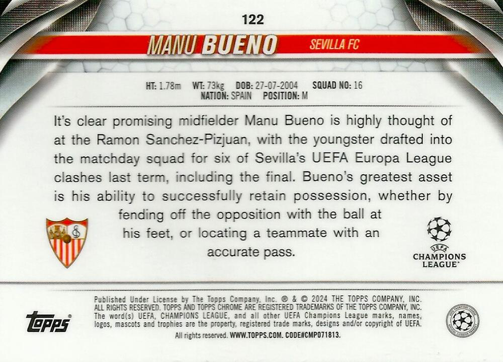 2023 Topps Chrome UEFA Club Competitions Manu Bueno RC #122 Sevilla